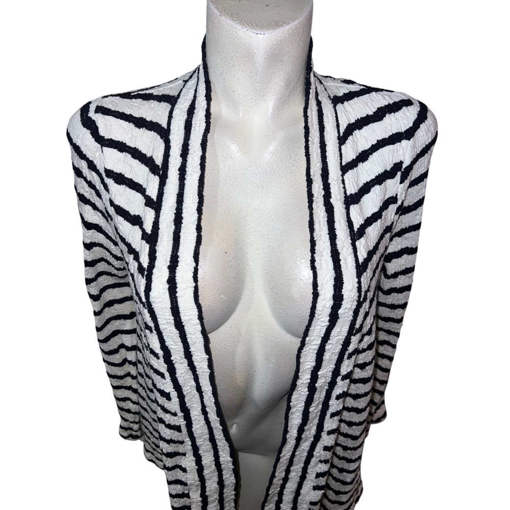 Anthropologie Postmark Striped Lace Hem Open Front Cardigan Black White Small - Picture 2 of 9